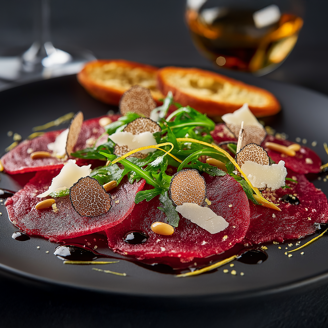 Rinder-Carpaccio mit Pecorino, Rucola und schwarzem Trüffelöl