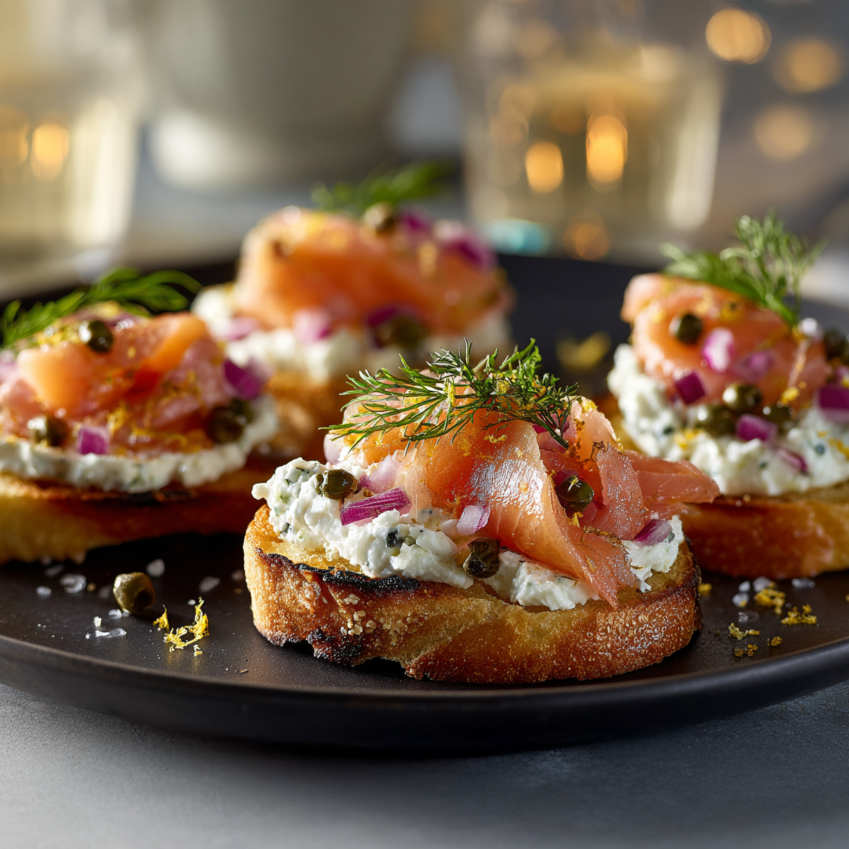 Räucherlachs-Bruschetta mit Zitronen-Frischkäse und Dill