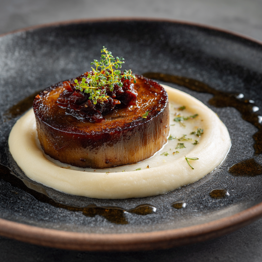 Gebratenes Sellerie-Steak mit Pastinaken- Kartoffel-Püree und Apfel-Schalotten-Ragout