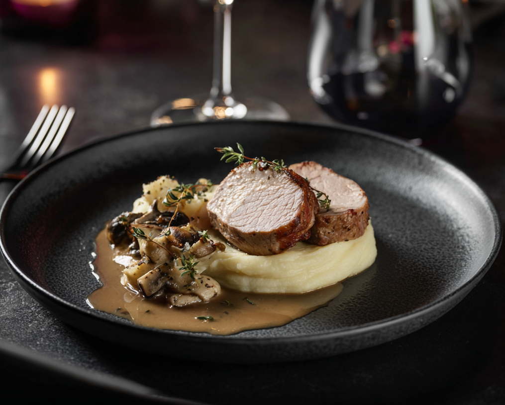 Kalbsrückenmedaillons mit Pilzrahm und Sellerie-Kartoffel-Püree