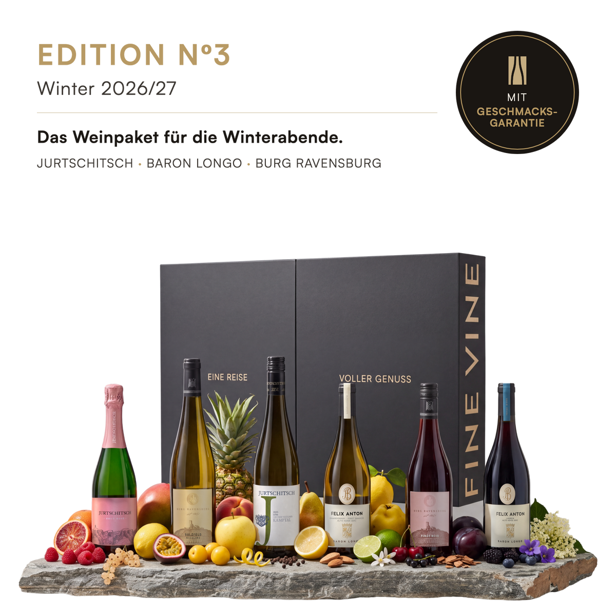 Fine Vine Edition Nº3 – Winter 2026/27: Geschenkbox mit sechs Weinen von Jurtschitsch, Baron Longo und Burg Ravensburg, mit Geschmacksgarantie