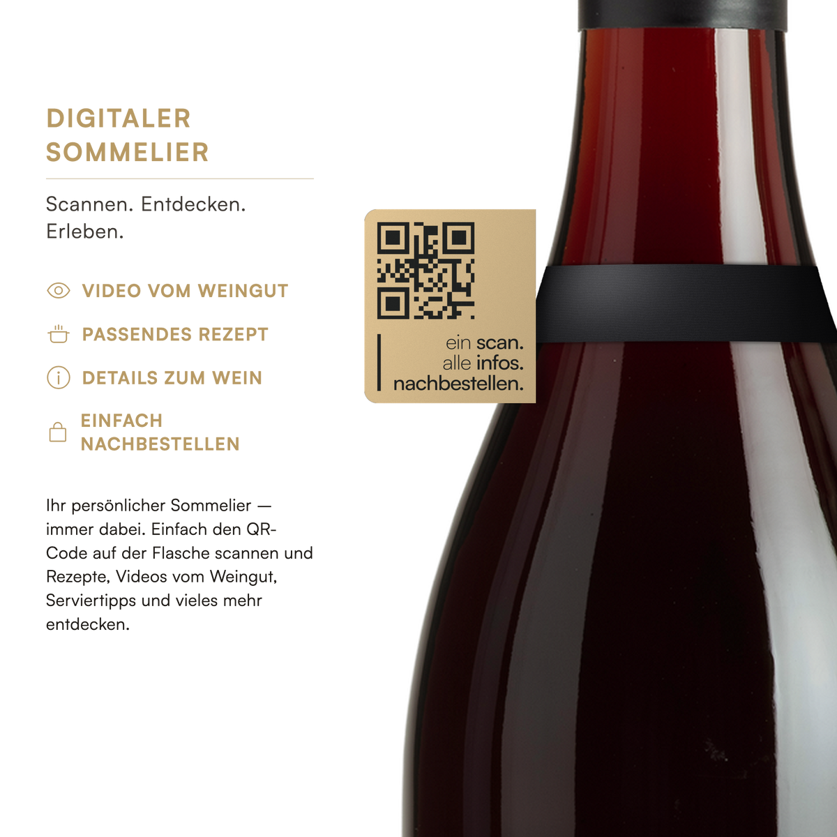 Digitaler Sommelier: QR-Code-Flagge am Flaschenhals mit Video, Rezept, Details und Nachbestellung