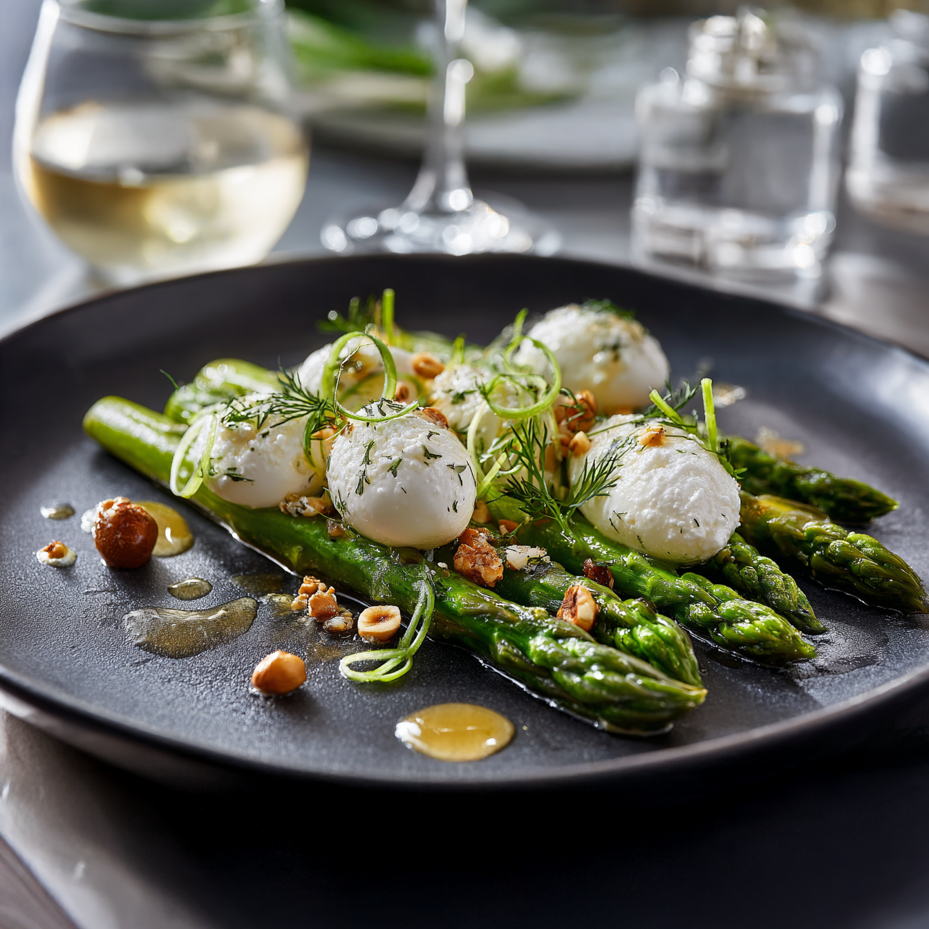 Grüner Spargel mit Ziegenkäse, Haselnuss und Riesling-Jus