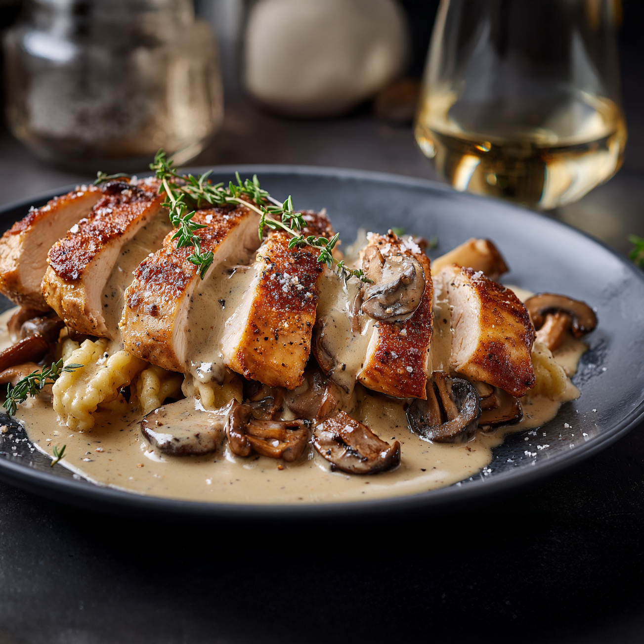 Hähnchenbrust mit Pilz-Rahmsauce und hausgemachten Spätzle