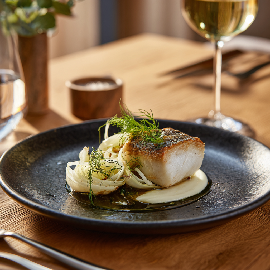 Gebratenes Zanderfilet mit Fenchel-Zitronen- Gemüse und Kartoffel- Olivenöl-Crème