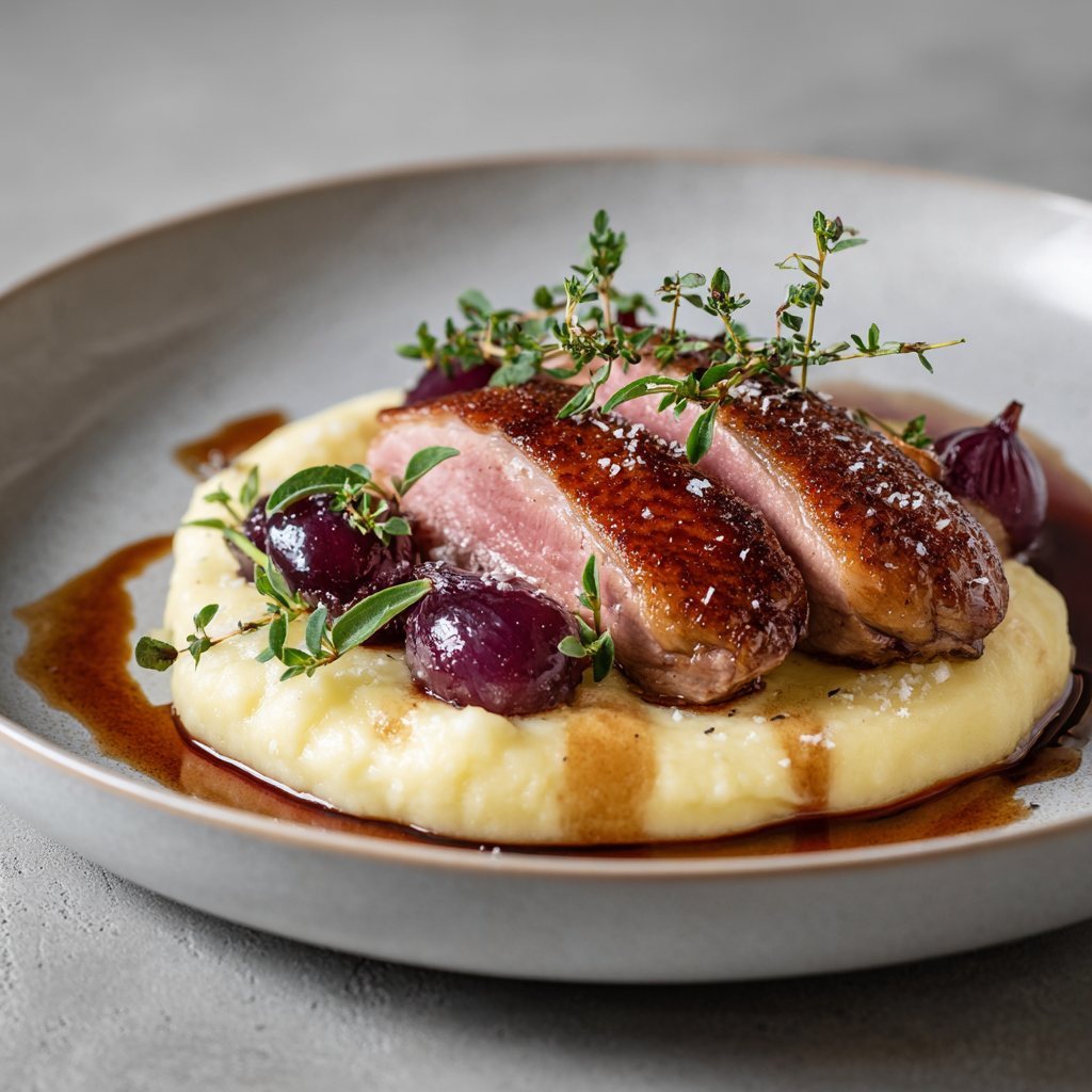 Entenbrust mit Sellerie-Kartoffel-Püree und Balsamico-Schalotten