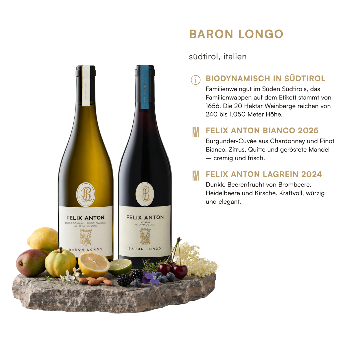 Weingut Baron Longo, Südtirol: Felix Anton Bianco 2025 und Felix Anton Lagrein 2024